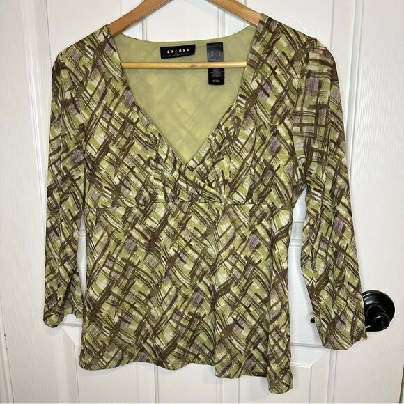 Y2K Axcess By Liz Claiborne Lime Green Micro Mesh Abstract Print Babydoll Top L - Picture 1 of 6